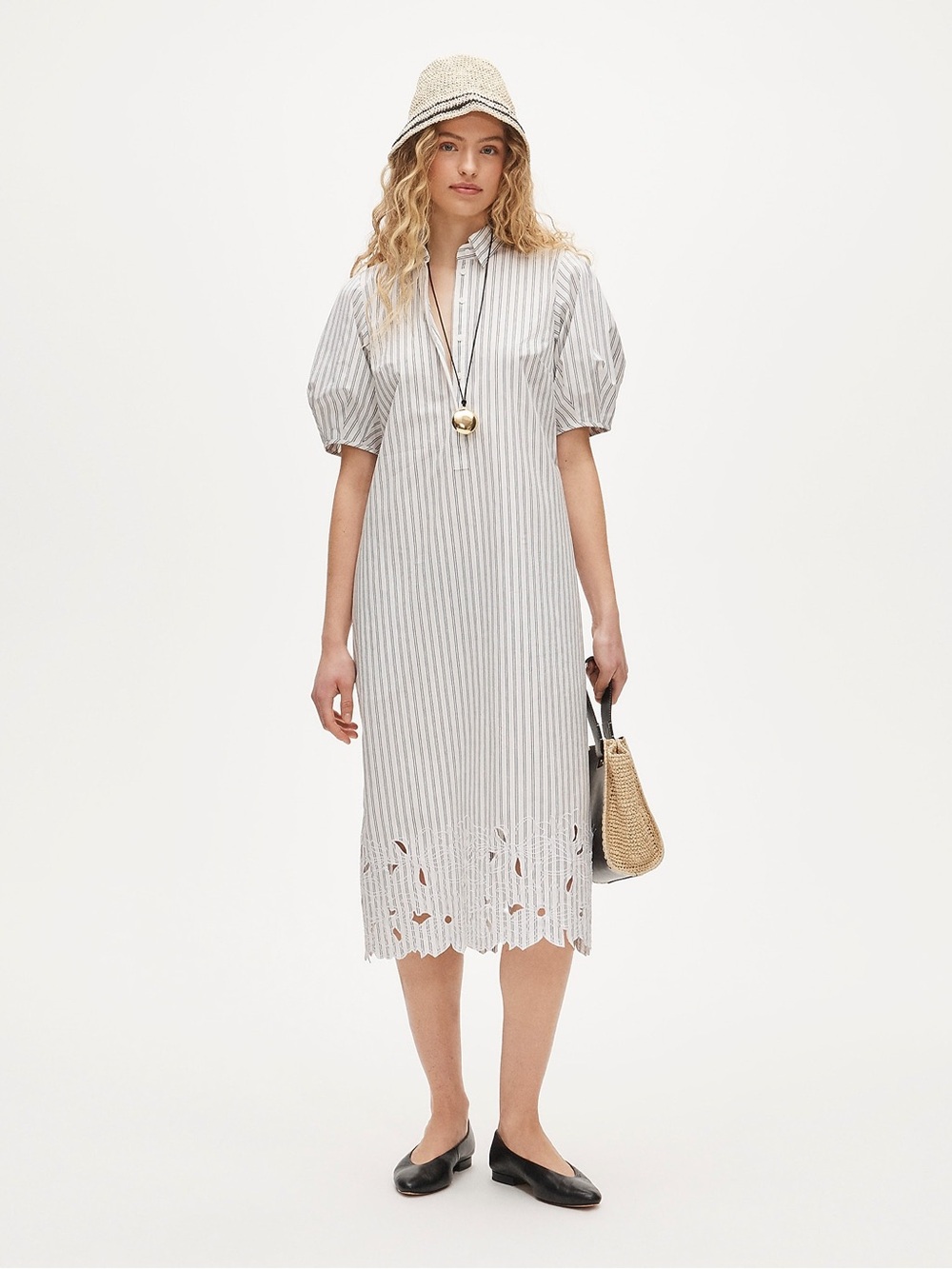 J. Crew Cream and Light Gray Striped Midi Dress